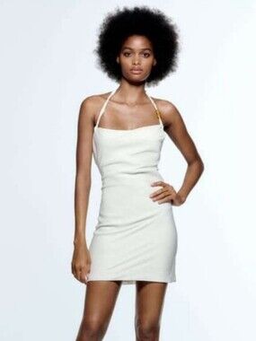 Zara Linen Blend Stretch Halter Mini Dress Ivory Cream. Size Small